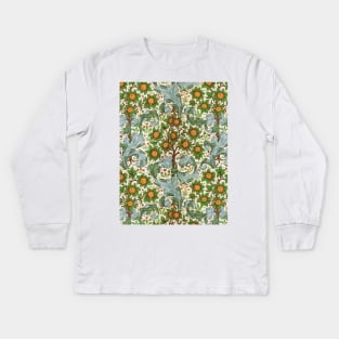 ORANGE TREE WITH BLUE GREEN LEAVES ,FLOWERS Soft Floral Art Nouveau Pattern Kids Long Sleeve T-Shirt